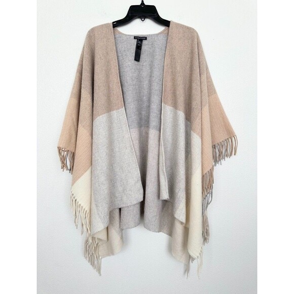 Eileen Fisher Wool Poncho Fringe Shawl Plaid Open Front White Beige Womens Large - Picture 1 of 7